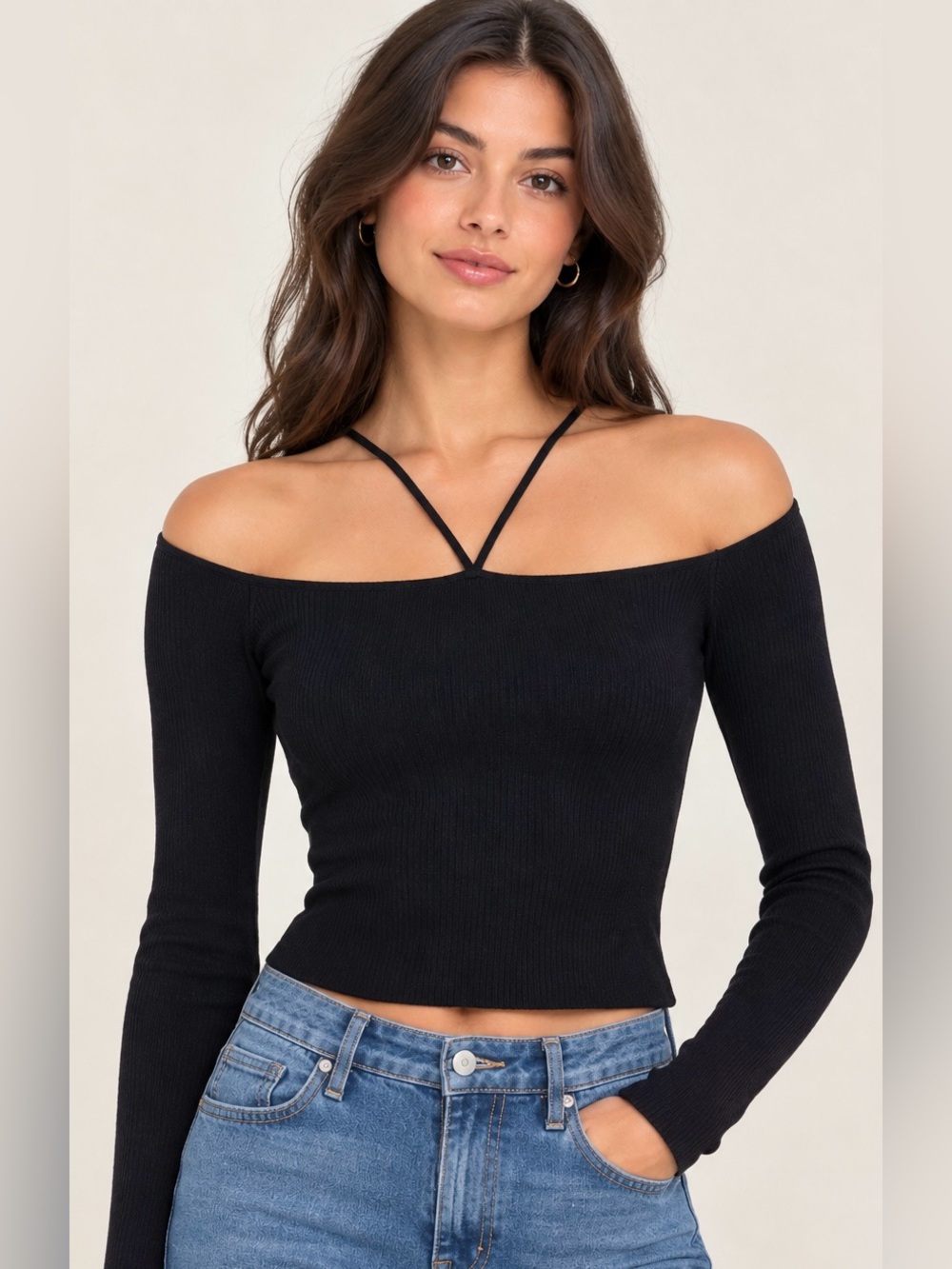 Zara Black Off-Shoulder Halter Ribbed Knit Crop Top Small